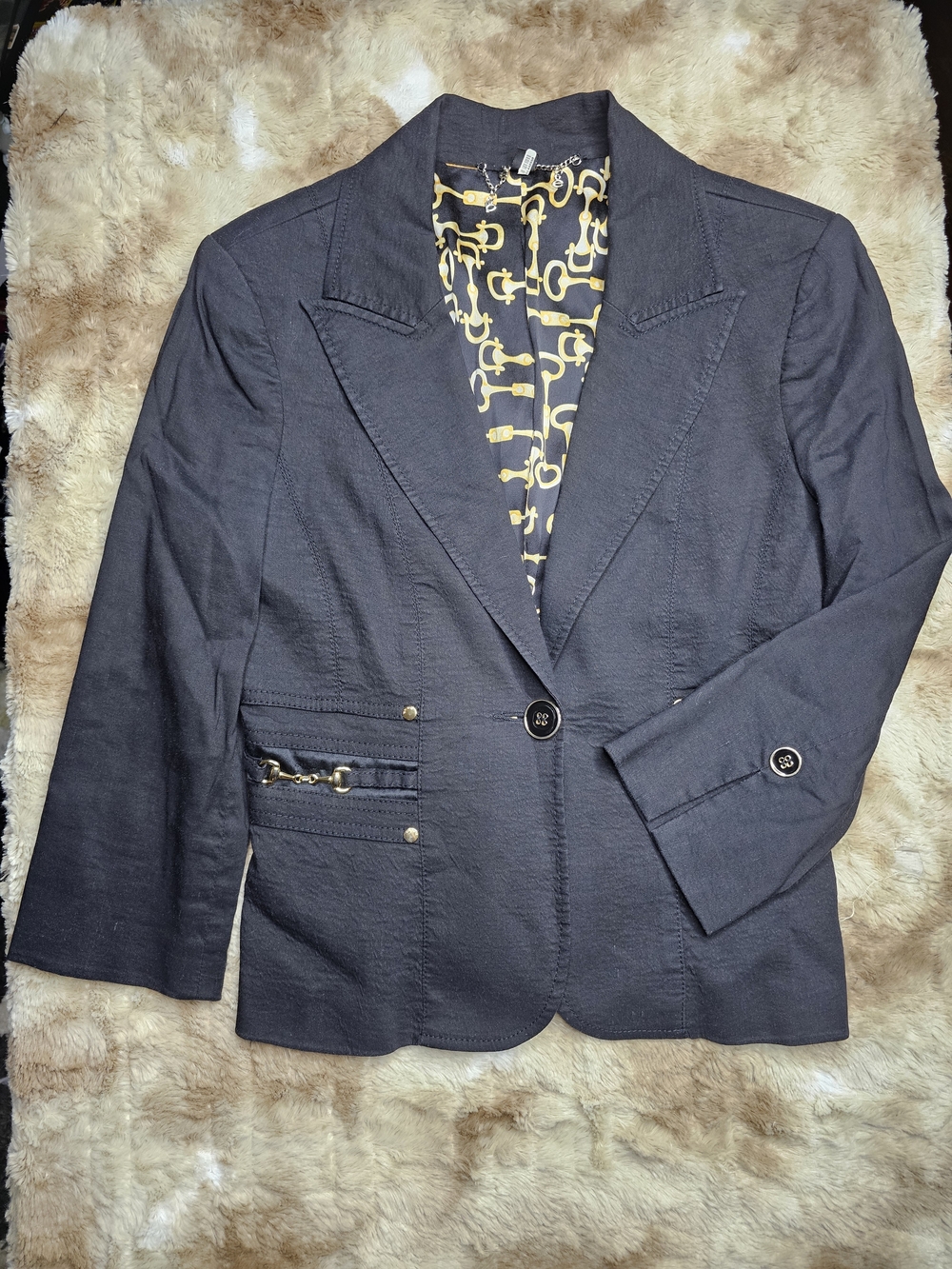 Bebe Black Tailored Blazer Jacket Gold Chain Detail Lined Size 6